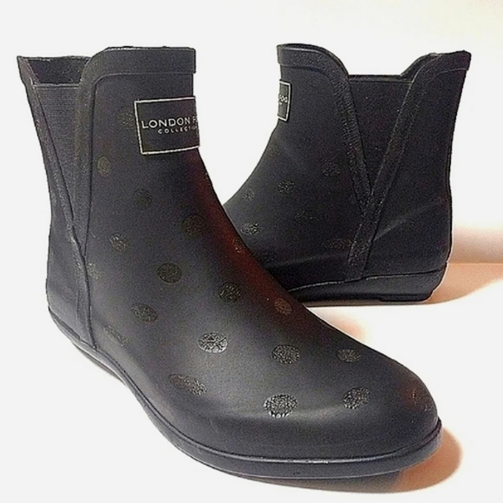 London Fog Women's Piccadilly Rain Ankle Pull On Waterproof Boots Black Dots